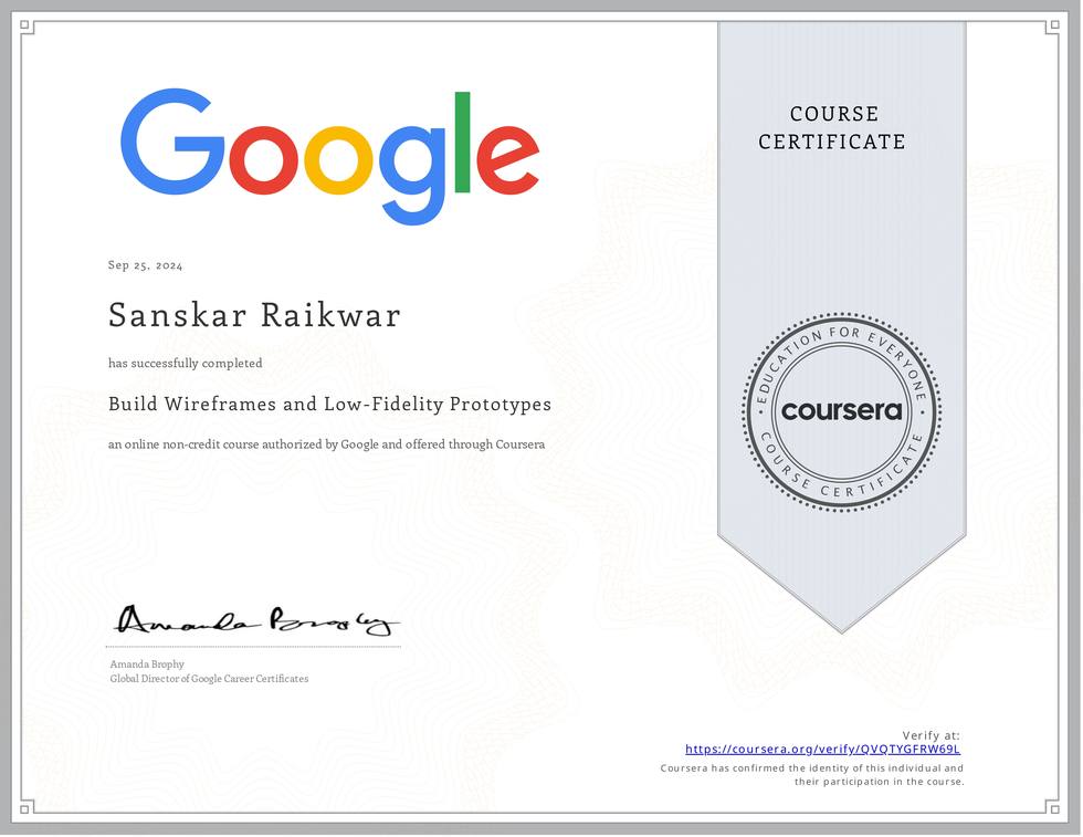 Google course certificate for Build Wireframes and Low-Fidelity Prototypes