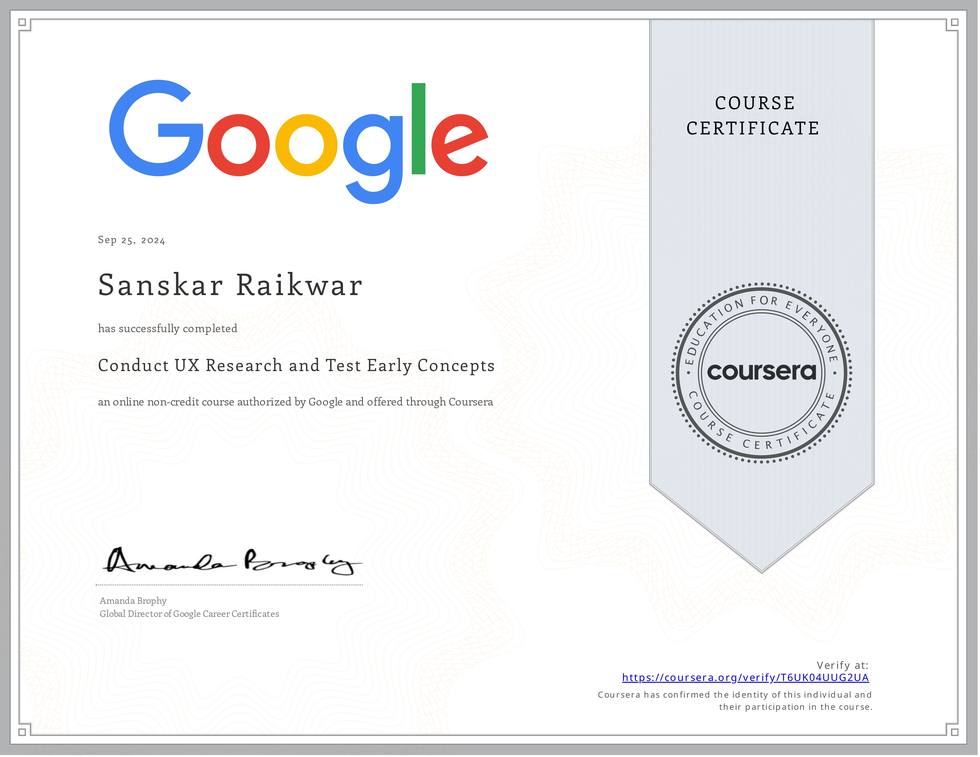 Google course certificate for Conduct UX Research and Test Early Concepts
